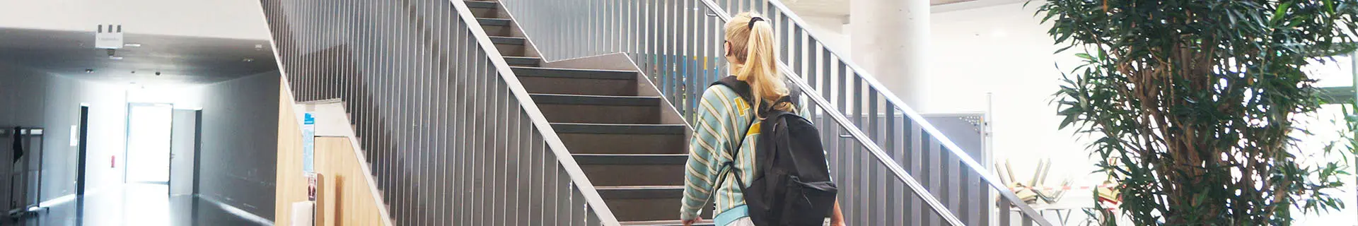 Das Bild zeigt eine Person mit langen blonden Haaren, die einen gestreiften Pullover trägt und einen schwarzen Rucksack auf dem Rücken hat. Sie geht eine Treppe hinauf in einem Innenraum. Die Treppe hat dunkle Stufen und Metallgeländer. Rechts neben der Treppe steht eine große Topfpflanze. Im Hintergrund ist ein Flur mit hellen Wänden und Böden zu sehen, der zu einem Bereich mit viel natürlichem Licht führt – vermutlich durch Fenster oder Türen am Ende des Korridors.