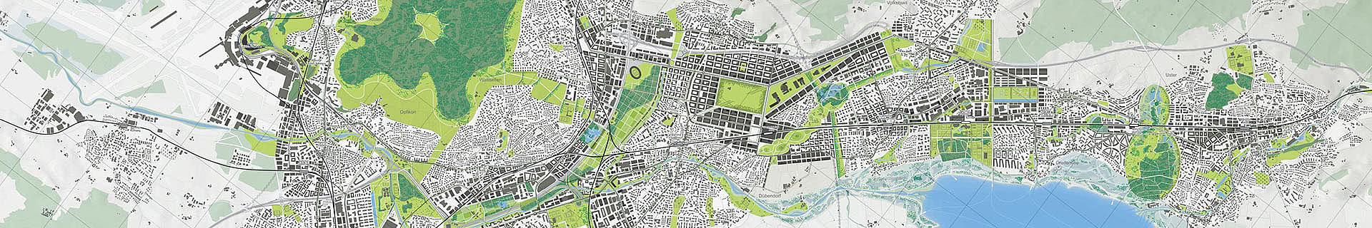 Das Bild zeigt eine detaillierte Karte eines urbanen Gebiets mit verschiedenen Merkmalen: Wohn- und Geschäftsgebäude, Straßen und Eisenbahnlinien, Grünflächen wie Parks und Wälder, Landwirtschaftliche Flächen, Gewässer, darunter Flüsse und eine Küstenlinie. Die Karte verwendet unterschiedliche Farben zur Unterscheidung: Grün für natürliche Flächen, Blau für Wasser, Grau für bebaute Bereiche, Weiß für unbebaute Flächen.