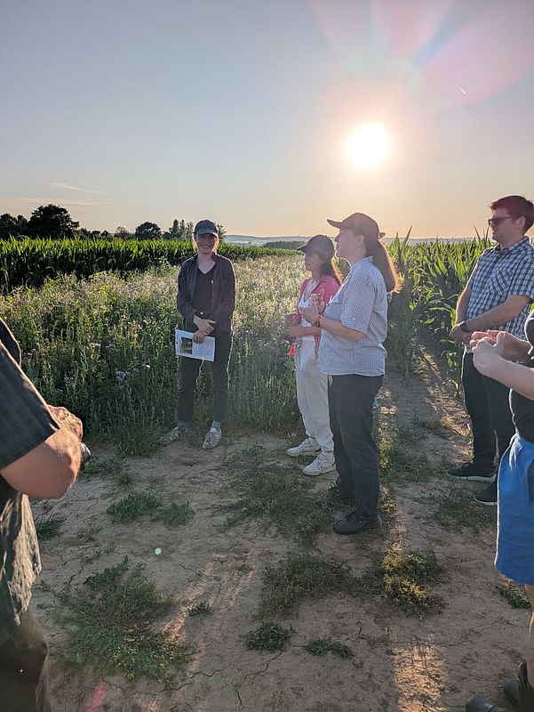 Projektleiterin Prof. Dr. Carola Pekrun mit Teilnehmenden vor einem Blühstreifen