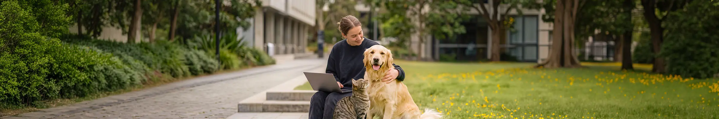 Heimtierwirtschaft Bachelor Keyvisual, Studentin mit Hund und Katze, KI generiert